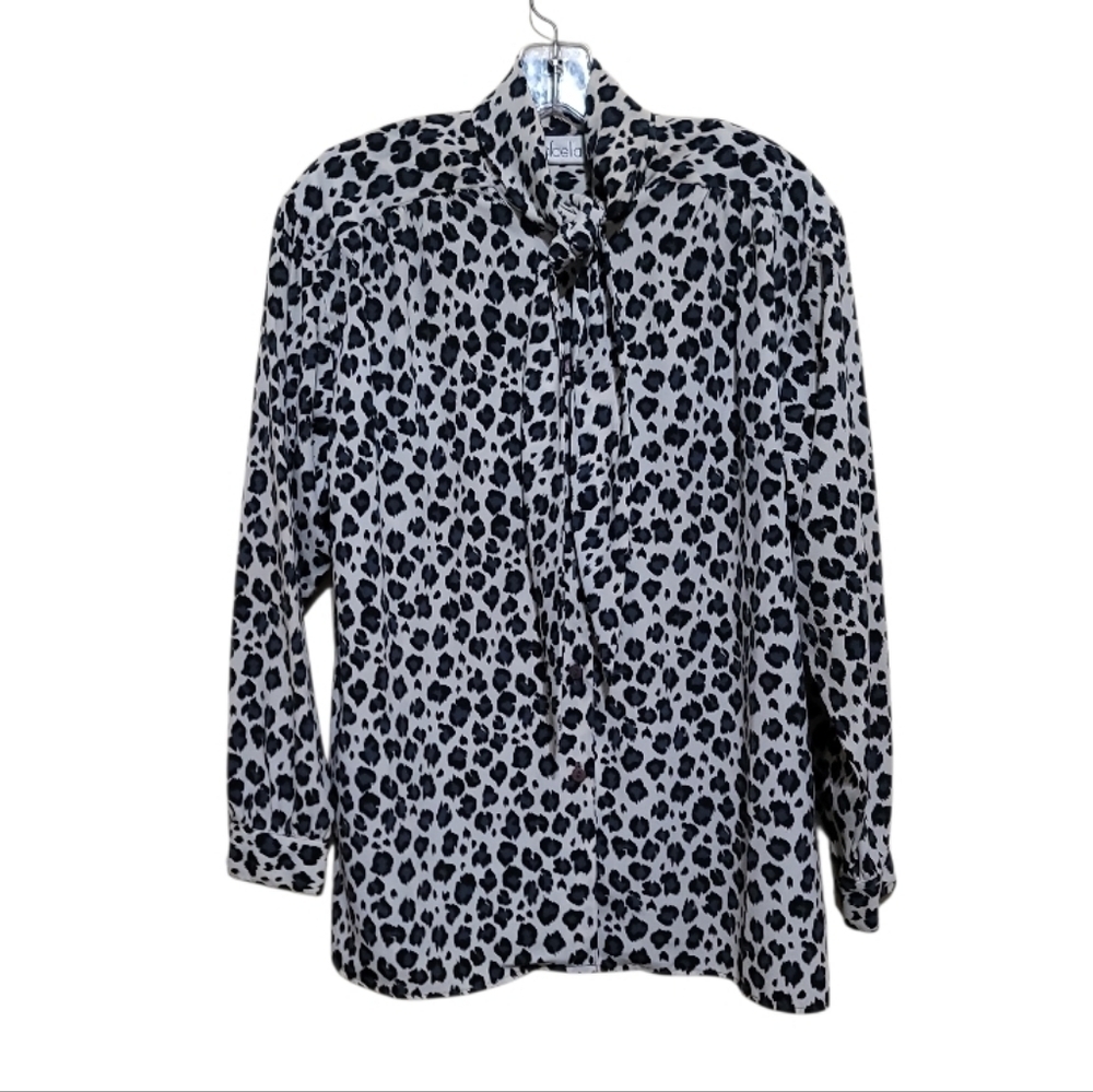Rafaella Black and White Animal Print Button Down Shirt With Bow Size 8